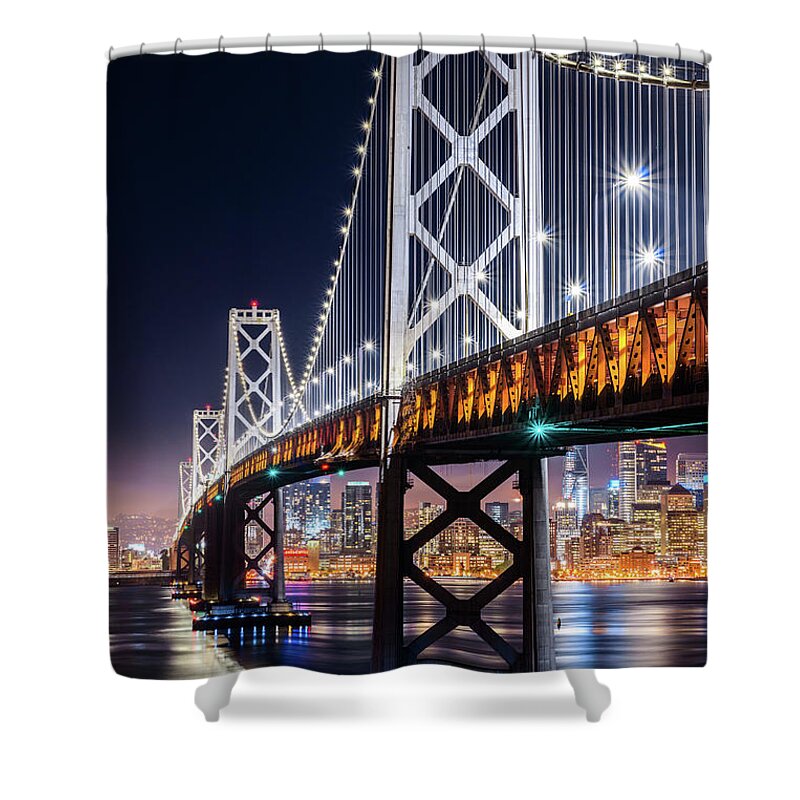 Bay Area Shower Curtain featuring the photograph Bay Bridge and San Francisco By Night 12 by Jason Chu