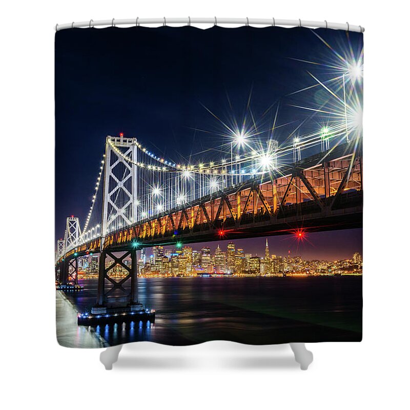Bay Area Shower Curtain featuring the photograph Bay Bridge and San Francisco By Night 5 by Jason Chu