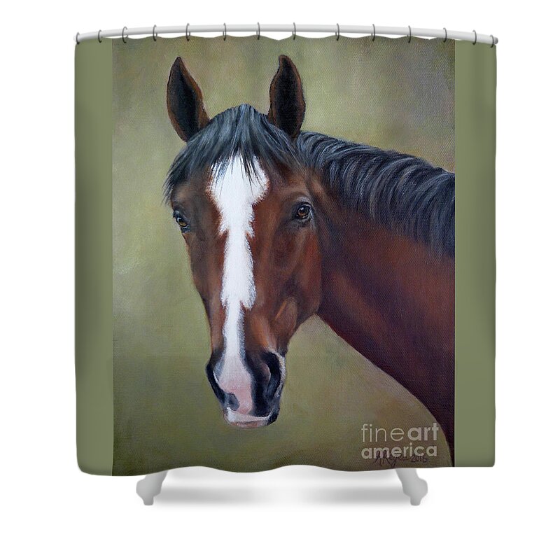 Horse Shower Curtain featuring the painting Bay Thoroughbred Horse Portrait OTTB by Amy Reges