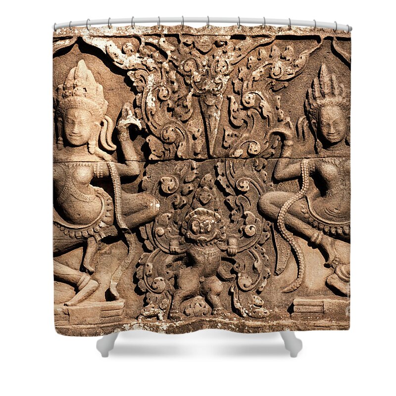 Cambodia Shower Curtain featuring the photograph Bayon Apsaras 01 by Rick Piper Photography