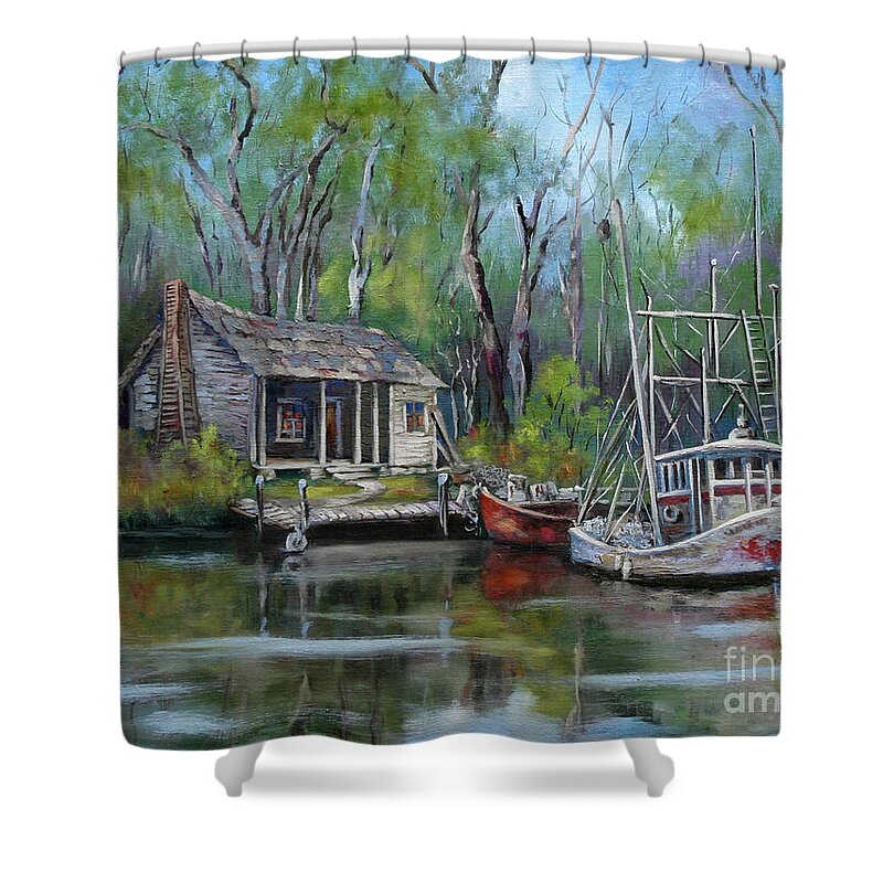 Louisiana Bayou Camp Shower Curtain featuring the painting Bayou Shrimper by Dianne Parks