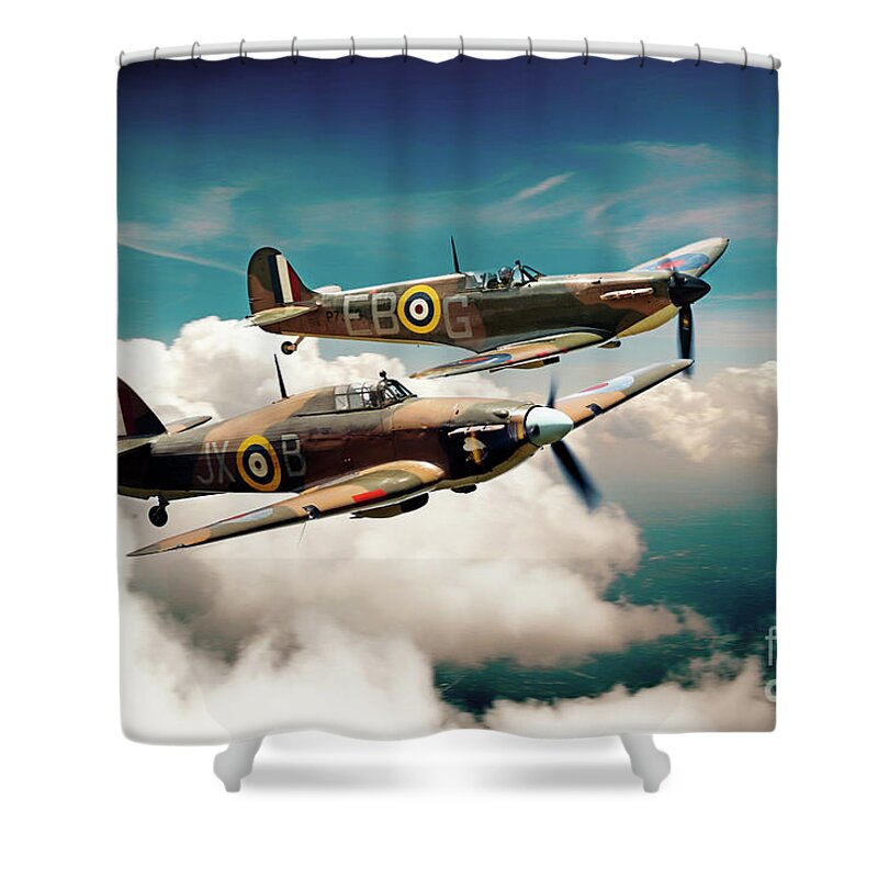 Spitfire Shower Curtain featuring the digital art BBMF Spitfire and Hurricane by Airpower Art