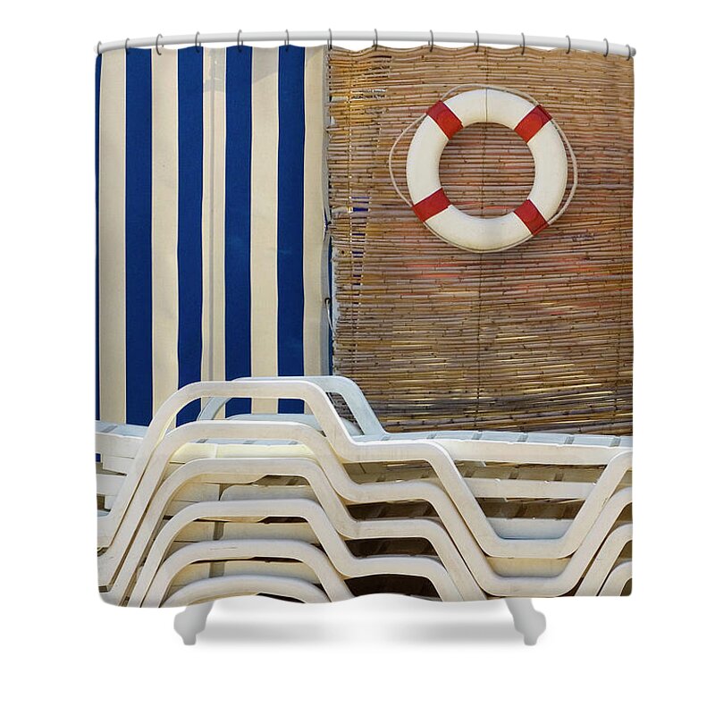 Marc Nader Photo Art Shower Curtain featuring the photograph Beach Chairs On Break by Marc Nader