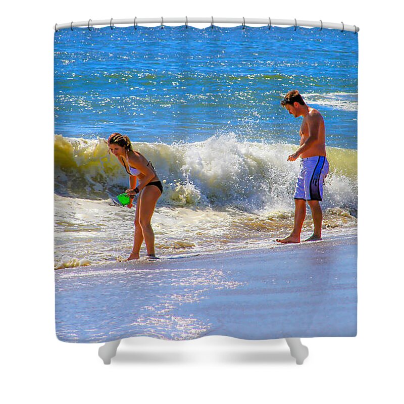 Bonnie Follett Shower Curtain featuring the photograph Beach Couple at the Seashore by Bonnie Follett