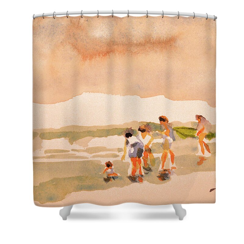 Beach Art Shower Curtain featuring the painting Beach family day by Julianne Felton
