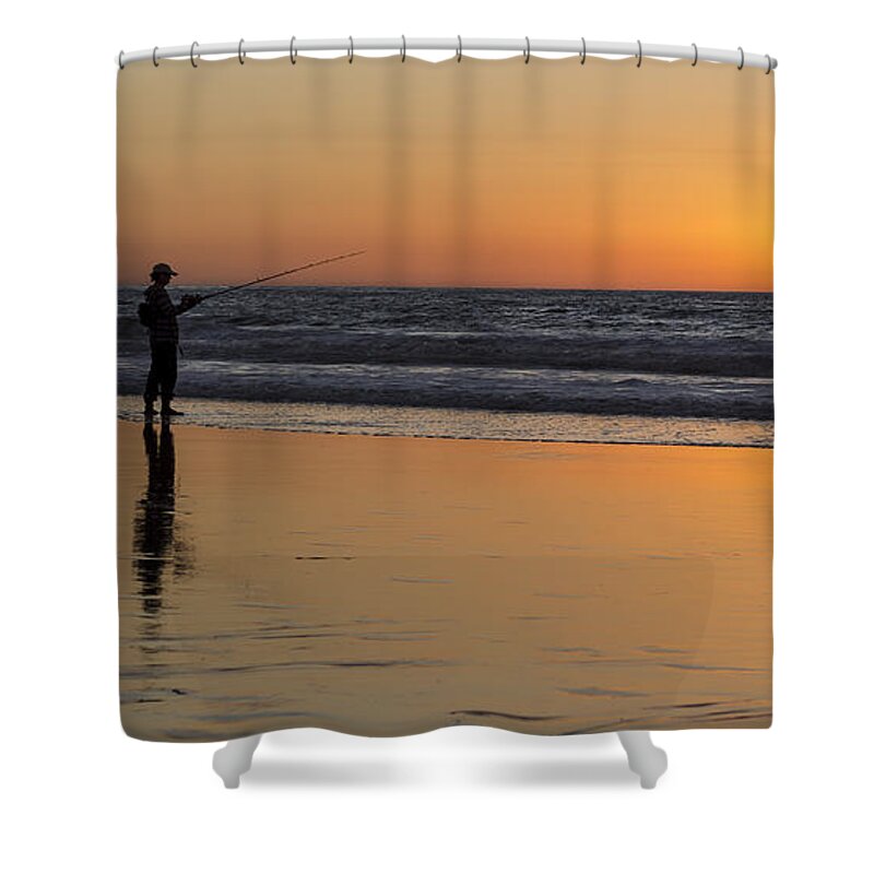 Outdoor Shower Curtain featuring the photograph Beach Fishing at Sunset by Ed Clark