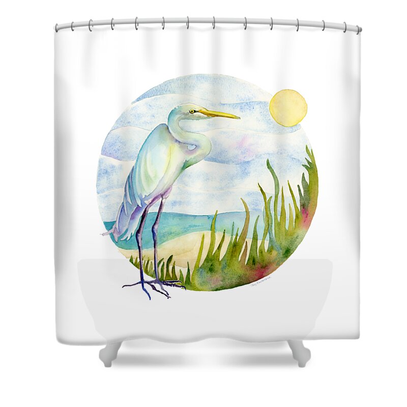 White Bird Shower Curtain featuring the painting Beach Heron by Amy Kirkpatrick