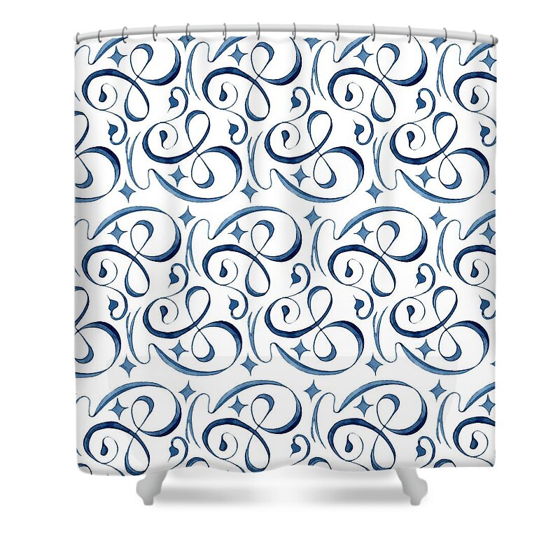 Indigo Blue Shower Curtain featuring the painting Beach House Indigo Star Swirl Scroll Pattern by Audrey Jeanne Roberts