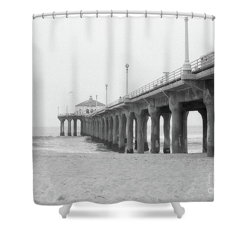 Black And White Shower Curtain featuring the photograph Beach Pier Film Frame by Ana V Ramirez