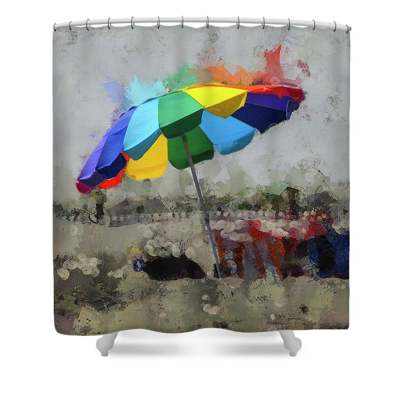 Umbrella Shower Curtain featuring the mixed media Beach Ready by Trish Tritz