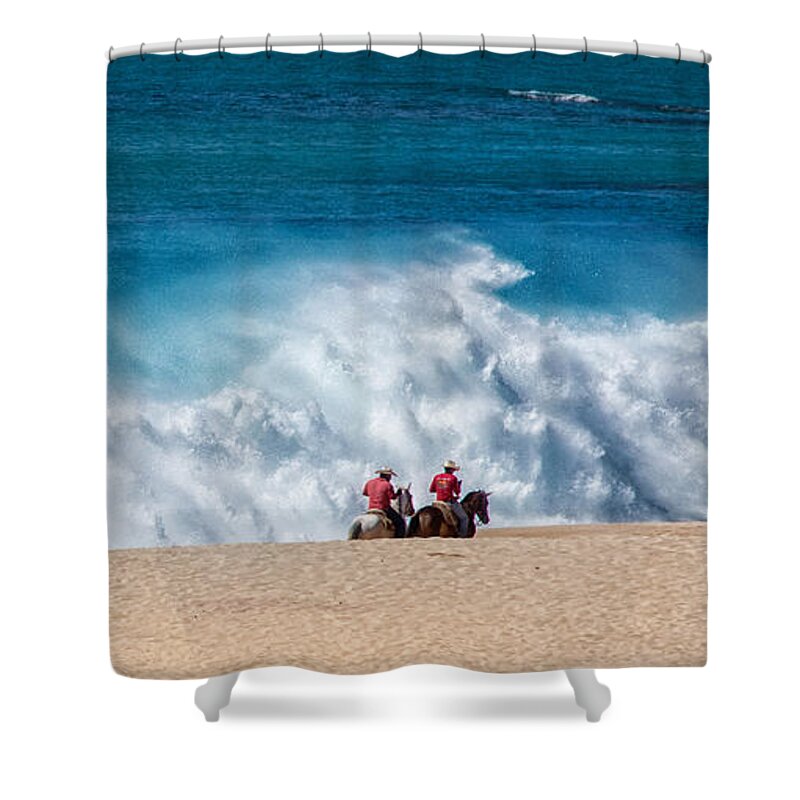 Cowboys Shower Curtain featuring the photograph Beach Riders by Pamela Steege