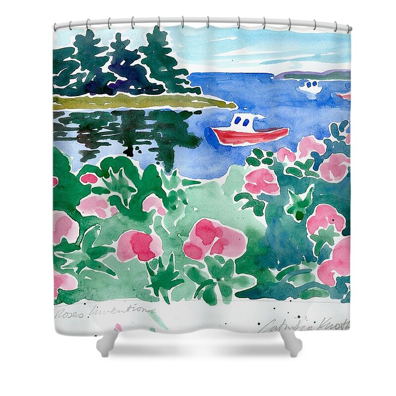  Shower Curtain featuring the painting Beach Roses Red Boat Coastal Floral Landscape Watercolor by Catinka Knoth