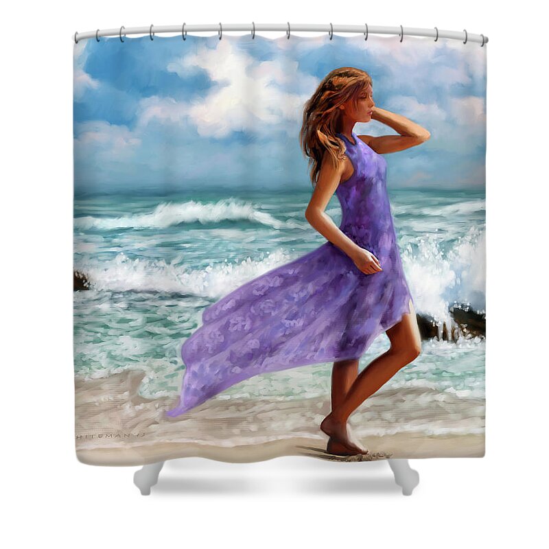 Beach Stroll Walking Surf Girl Shower Curtain featuring the mixed media Beach Stroll by Murry Whiteman