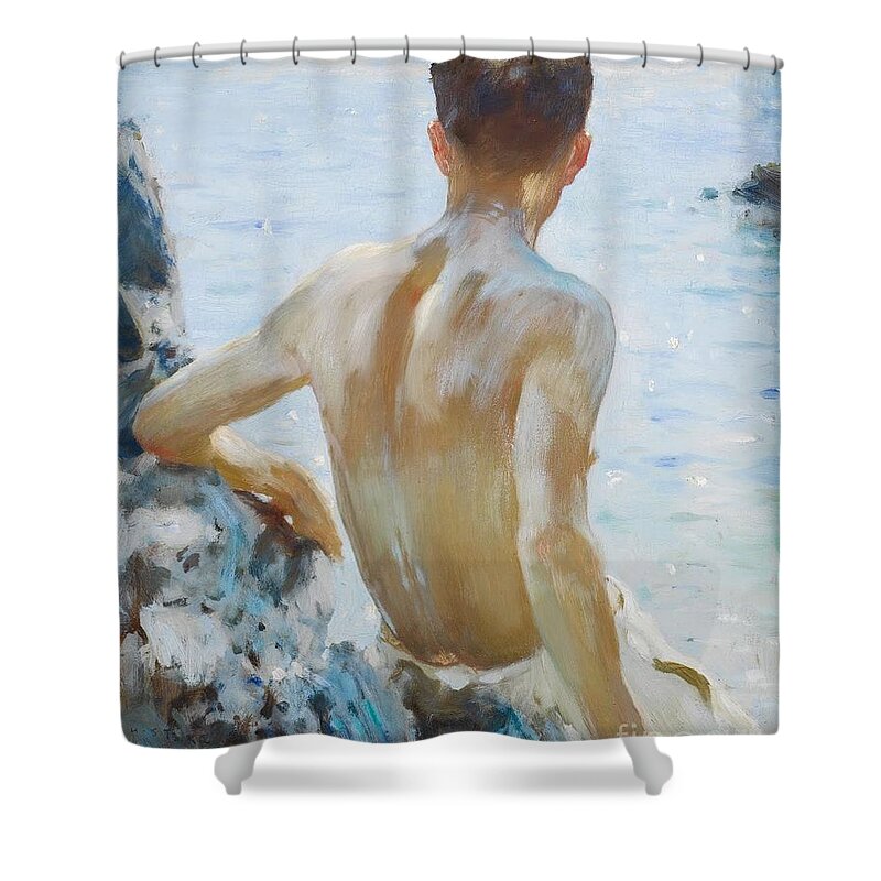 Henry Scott Tuke Shower Curtain featuring the painting Beach Study Of A Boy by MotionAge Designs
