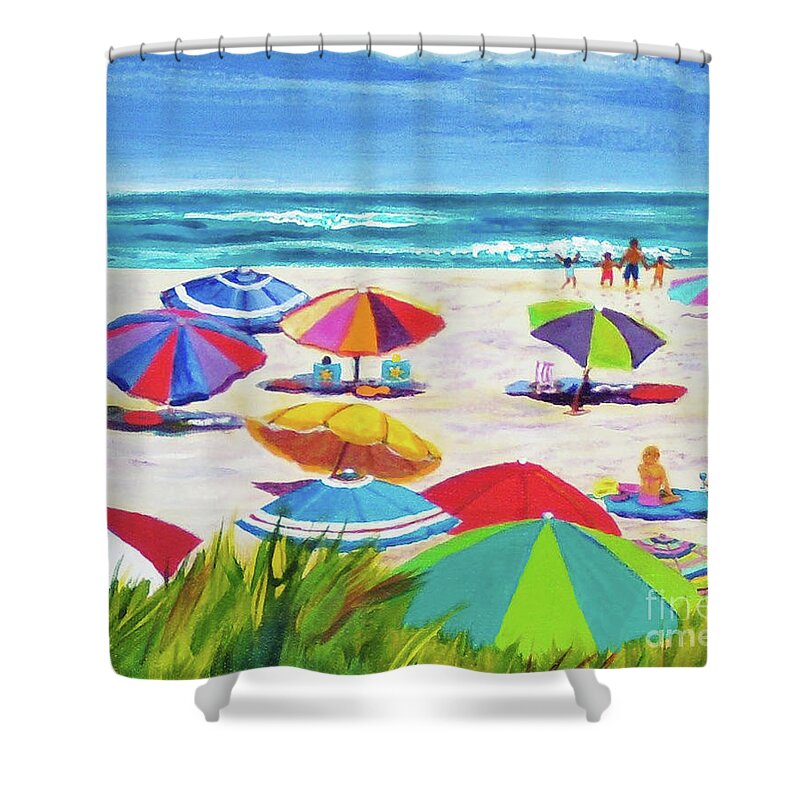 Beach Shower Curtain featuring the painting Umbrellas 2 by Anne Marie Brown