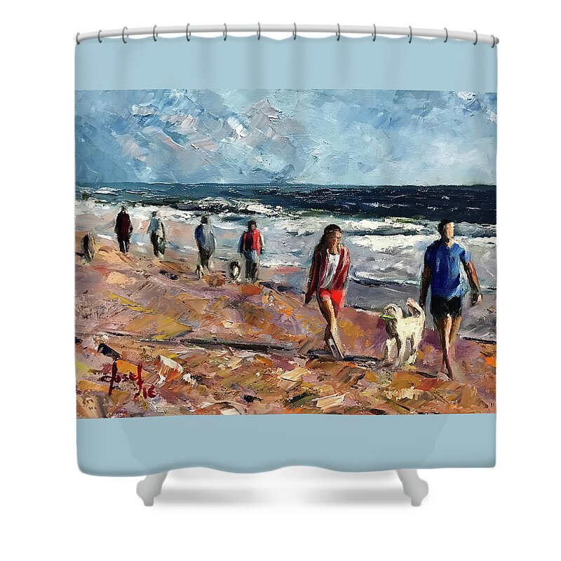 Beach Shower Curtain featuring the painting Beach Walk Time by Josef Kelly