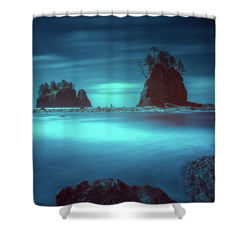 La Push Shower Curtain featuring the photograph Beach with sea stacks in moody lighting by William Lee