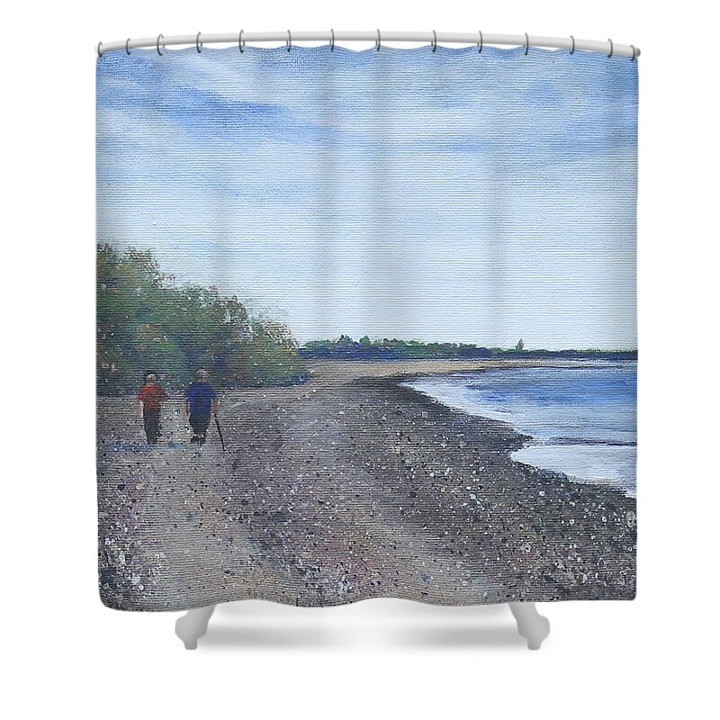 Beach Shower Curtain featuring the painting Beachcombers by Ruth Kamenev