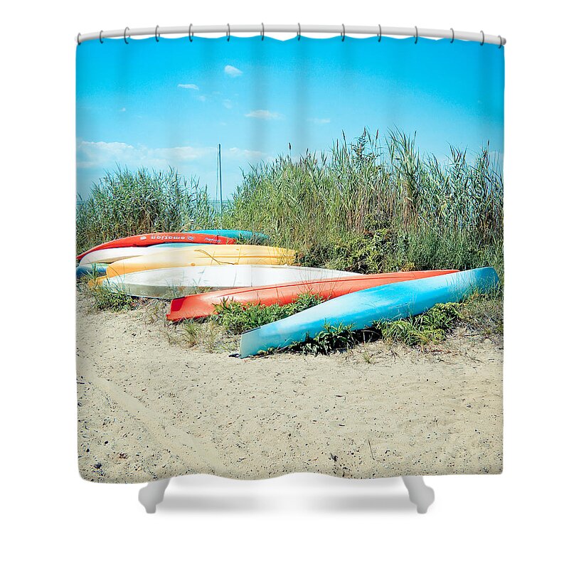 Kayaks Shower Curtain featuring the photograph Beached Kayaks by Colleen Kammerer
