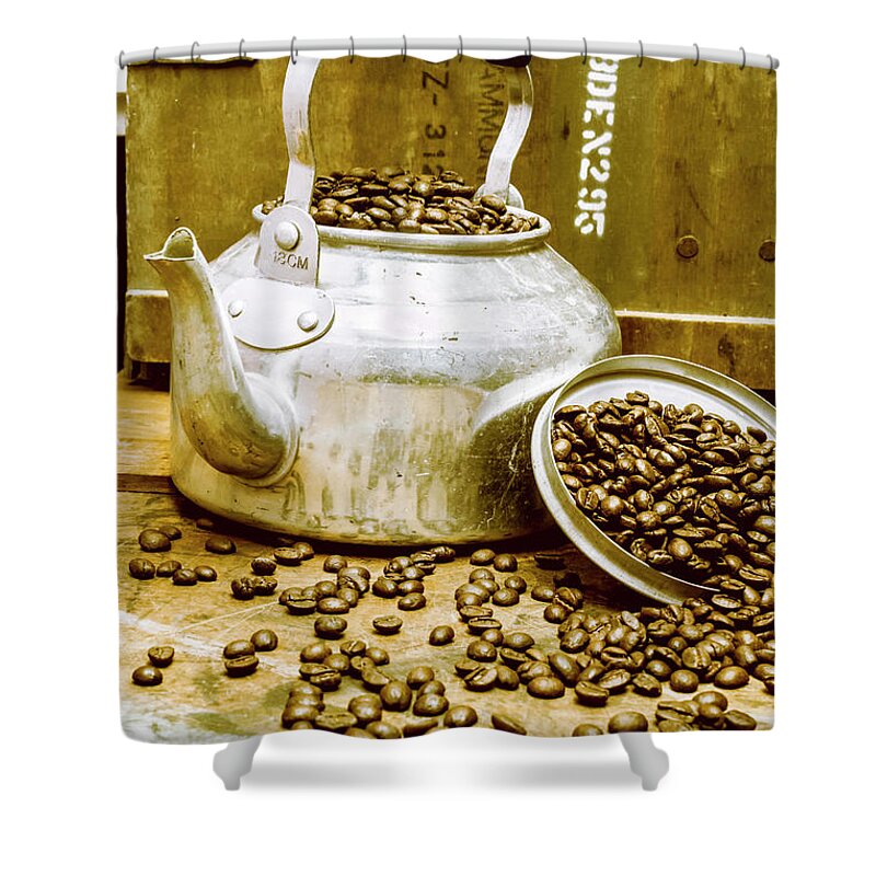 Old Shower Curtain featuring the photograph Bean shop cafe by Jorgo Photography