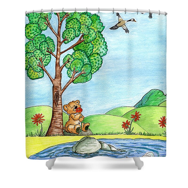 Bear Shower Curtain featuring the painting Bear With Flowers by Christina Wedberg
