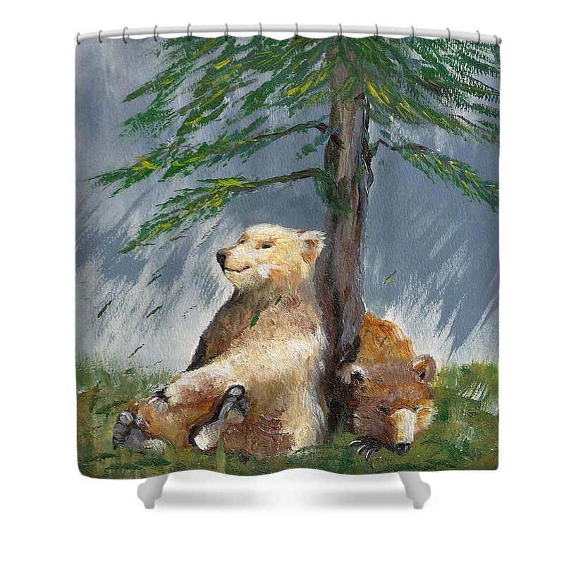 Bear Shower Curtain featuring the painting Bears and Tree by Karen Ferrand Carroll