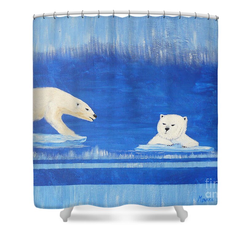 Polar Bear Shower Curtain featuring the painting Bears In Global Warming by Monika Shepherdson