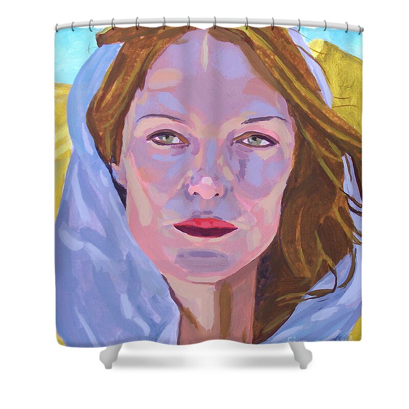 Portrait Realism Shower Curtain featuring the painting Beautiful blonde woman under a hard sun - Modern, Realism, Figurative, Portraiture, Acrylic on paper by Nywa Art Project