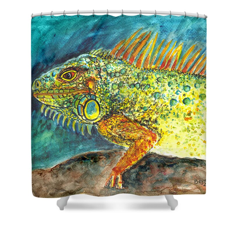 Iguana Shower Curtain featuring the painting Beautiful monster by Clara Sue Beym