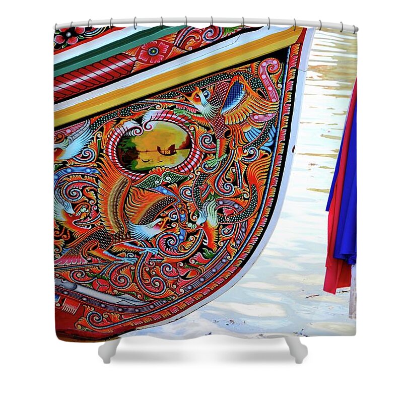Boat Shower Curtain featuring the photograph Beautiful painted Asian dragon and floral art on hull of Thai fishing boat Pattani Thailand by Imran Ahmed