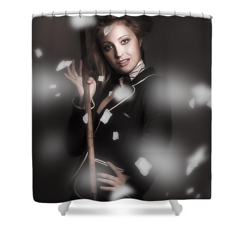 Dancer Shower Curtain featuring the photograph Beautiful vintage girl dancing with flower petals by Jorgo Photography