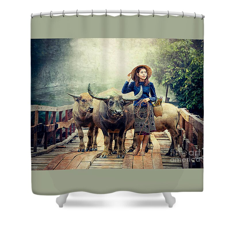Asia Shower Curtain featuring the digital art Beauty And The Water Buffalo by Ian Gledhill