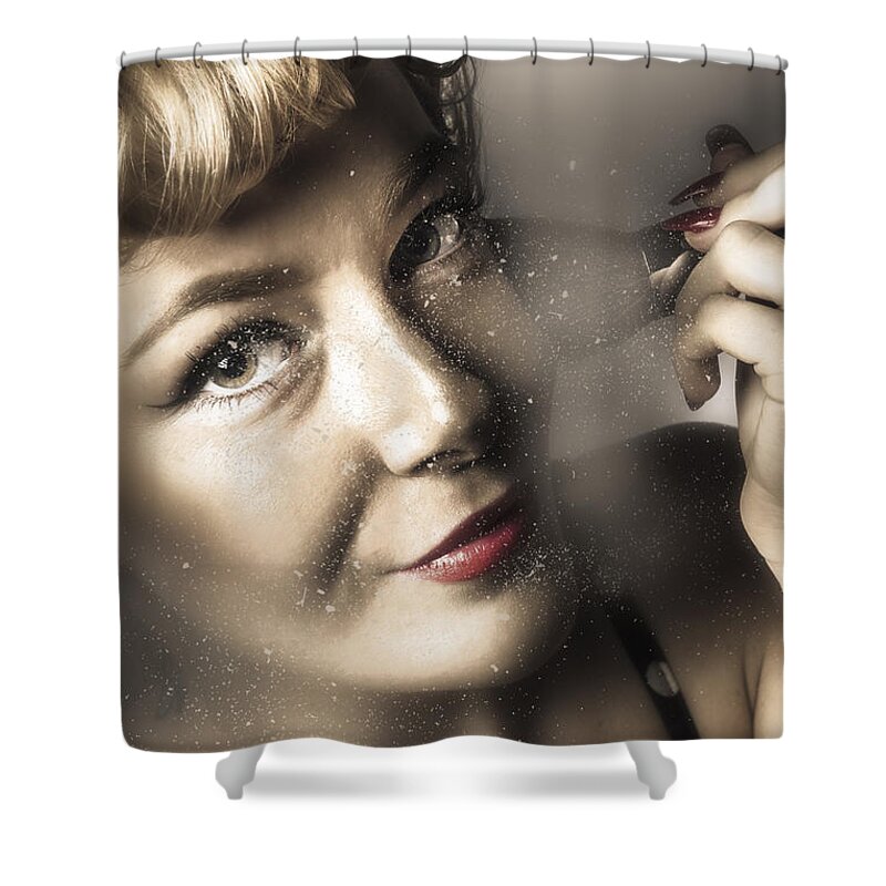 Makeup Shower Curtain featuring the photograph Beauty pin-up woman applying makeup by Jorgo Photography
