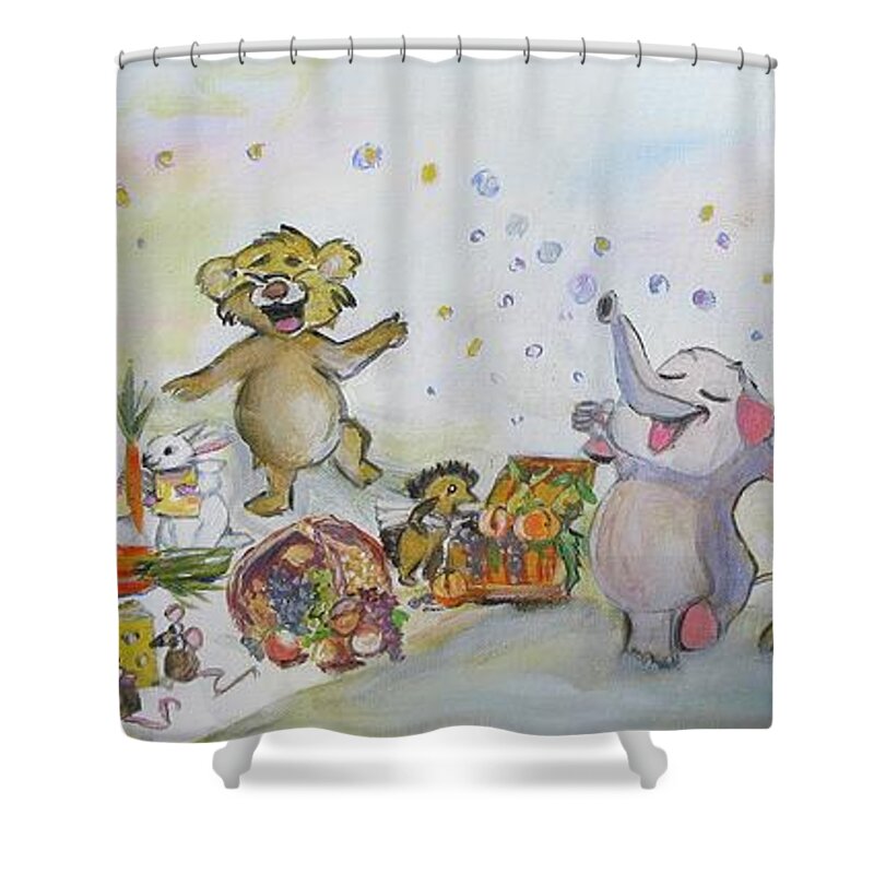 Whimsical Shower Curtain featuring the mixed media Beaver and Animal Picnic by Denice Palanuk Wilson