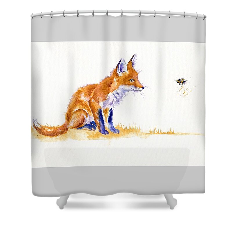 Fox Shower Curtain featuring the painting Fox Cub - Bee Important by Debra Hall