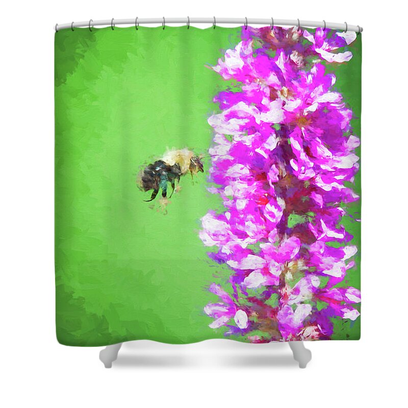 Green Shower Curtain featuring the digital art Bee Kissing a Flower by Ed Taylor