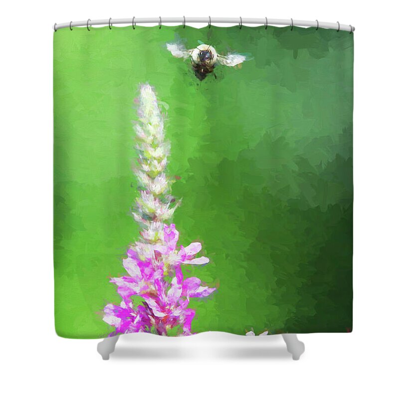 Green Shower Curtain featuring the digital art Bee Over Flowers by Ed Taylor