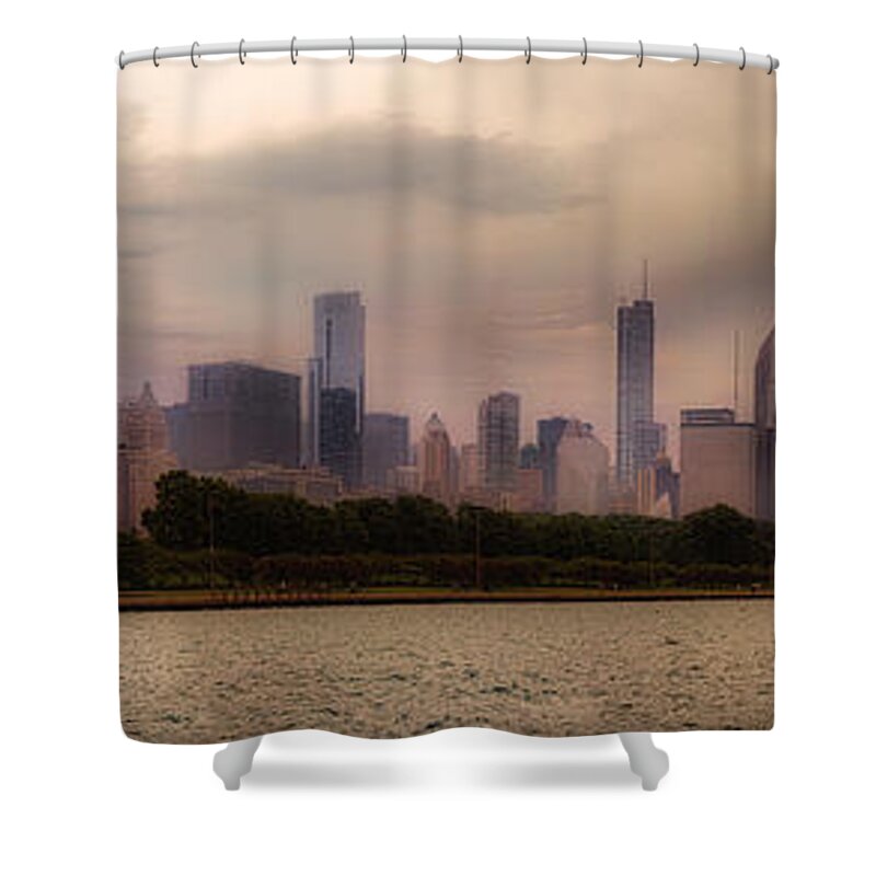 Lake Michigan Shower Curtain featuring the photograph Before The Spring Storm Chicago Lakefront Panorama 04 by Thomas Woolworth
