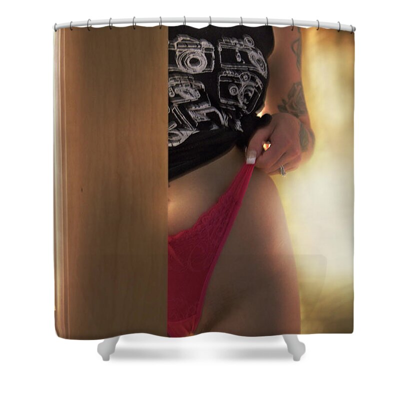 Nude Shower Curtain featuring the photograph behind the Door by Hugh Smith