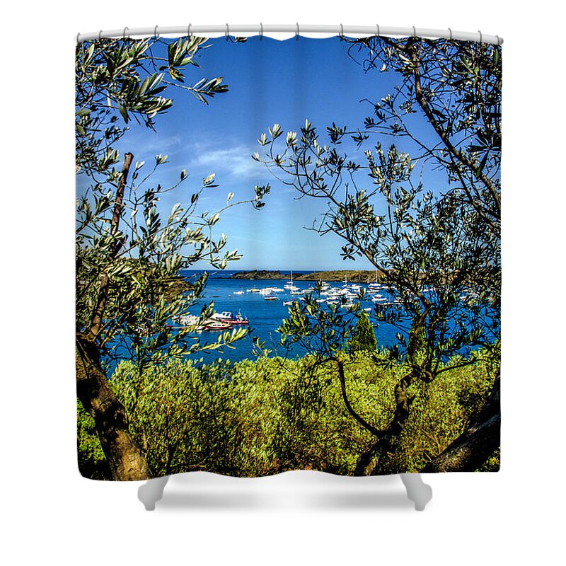 Olive Tree Shower Curtain featuring the photograph Behind the olive trees by Wolfgang Stocker