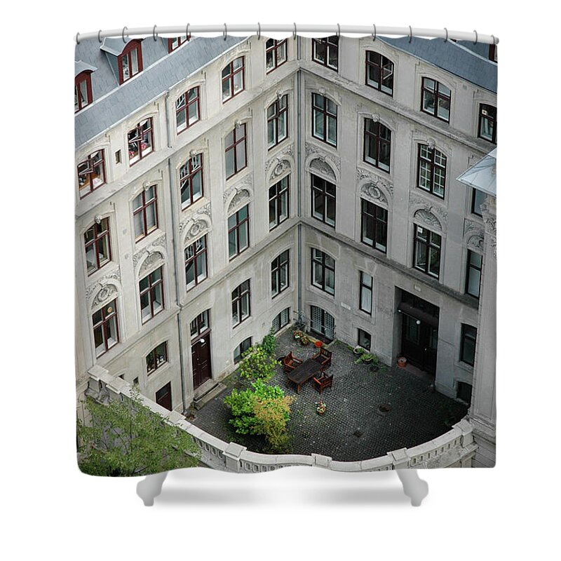 Copenhagen Shower Curtain featuring the photograph Behind Walls-A Table in Copenhagen by Mary Lee Dereske