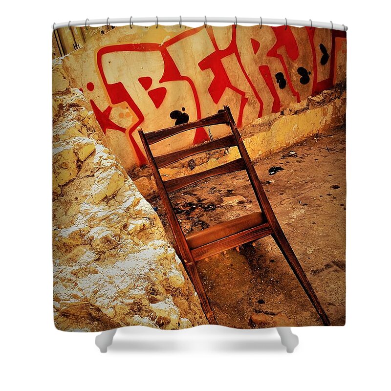 Beirut Shower Curtain featuring the photograph Beirut Graffiti with a lonely Chair by Funkpix Photo Hunter