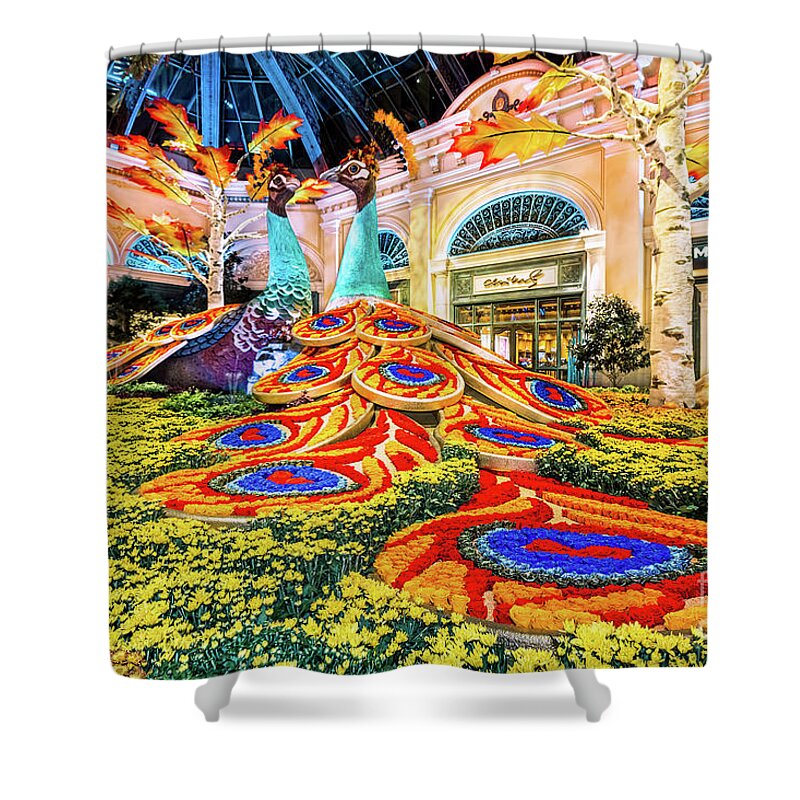 Bellagio Conservatory Shower Curtain featuring the photograph Bellagio Conservatory Fall Peacock Display Side View Wide 2017 by Aloha Art