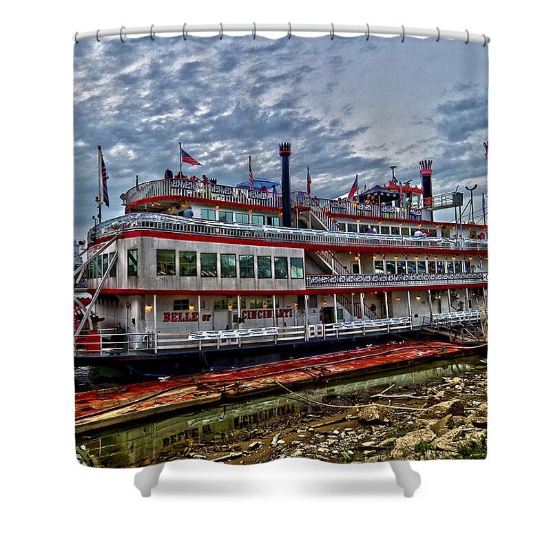Paddle Boat Belle Of Cincinnati Ohio Hdr River Era Red White Shower Curtain featuring the photograph Belle of Cincinnati by Keith Allen