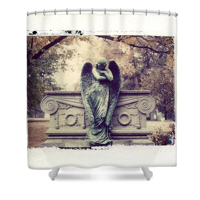Bellefontain Angel Shower Curtain featuring the photograph Bellefontaine Angel Polaroid transfer by Jane Linders