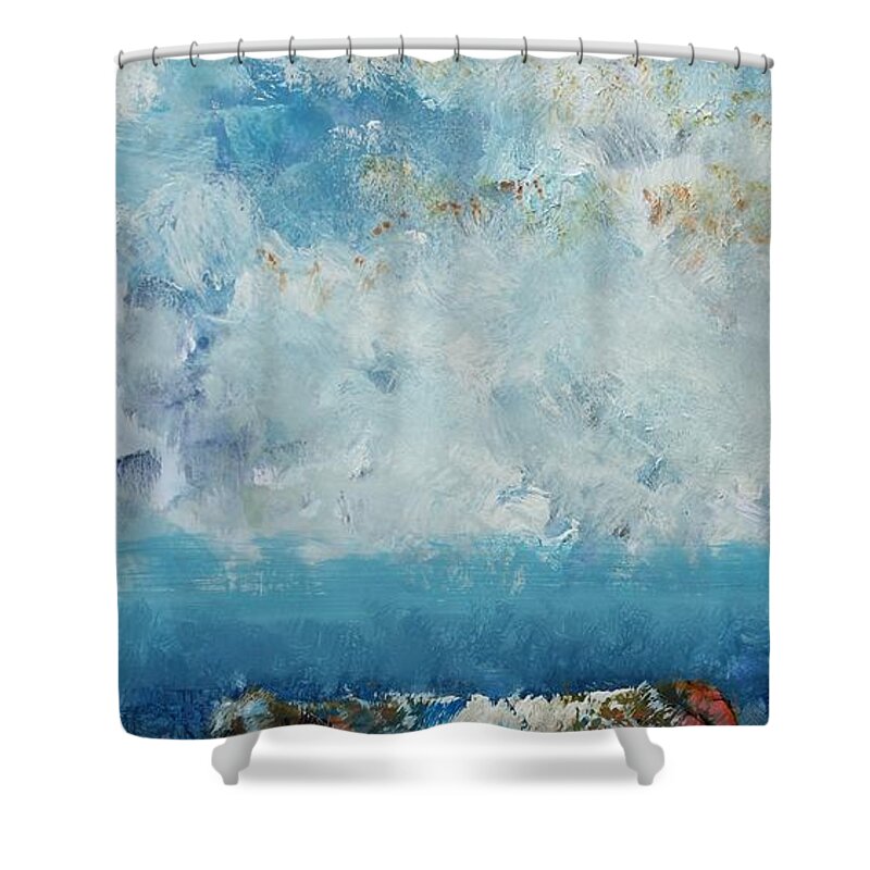 Cow Shower Curtain featuring the painting Belted Galloway Cow And Cloudy Sky - Tall Narrow Art by Mike Jory
