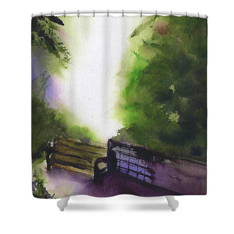 Bench At The Park Museum Shower Curtain featuring the painting Bench at the Park Museum by Frank Bright