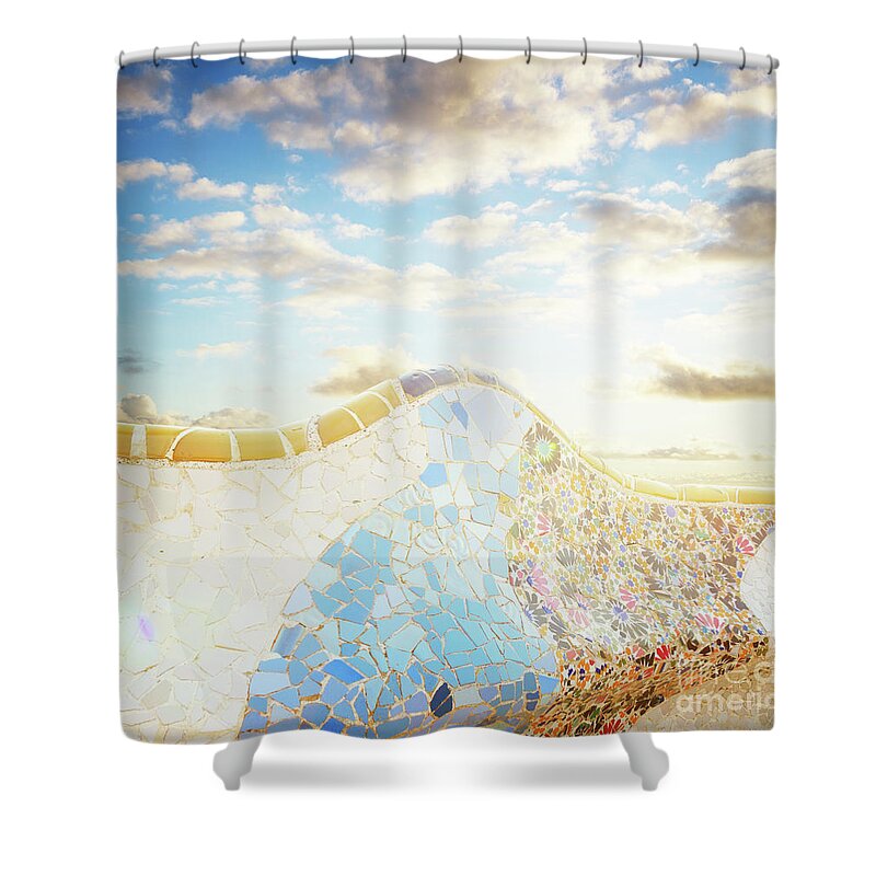 Barcelona Shower Curtain featuring the photograph Bench of park Guell in Barcelona by Anastasy Yarmolovich