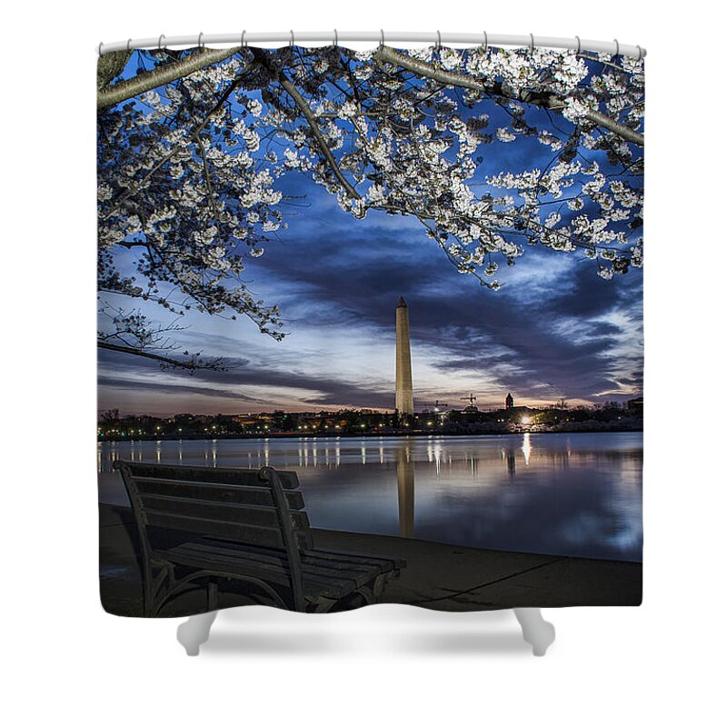 Washington Monument Shower Curtain featuring the photograph Bench with a view by Erika Fawcett