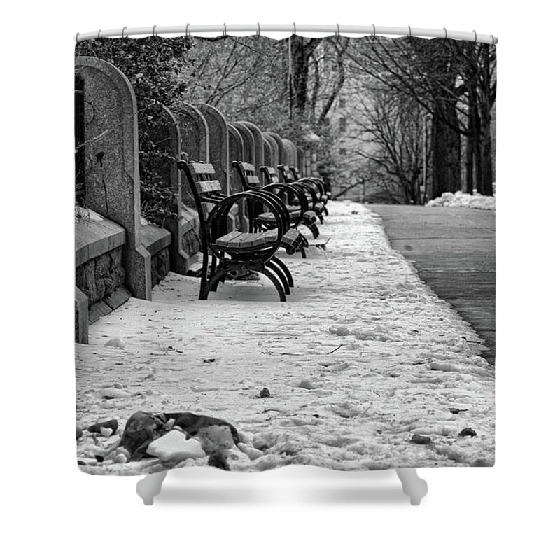 Ny Shower Curtain featuring the photograph Benches Snow NYC Parks Black W by Chuck Kuhn